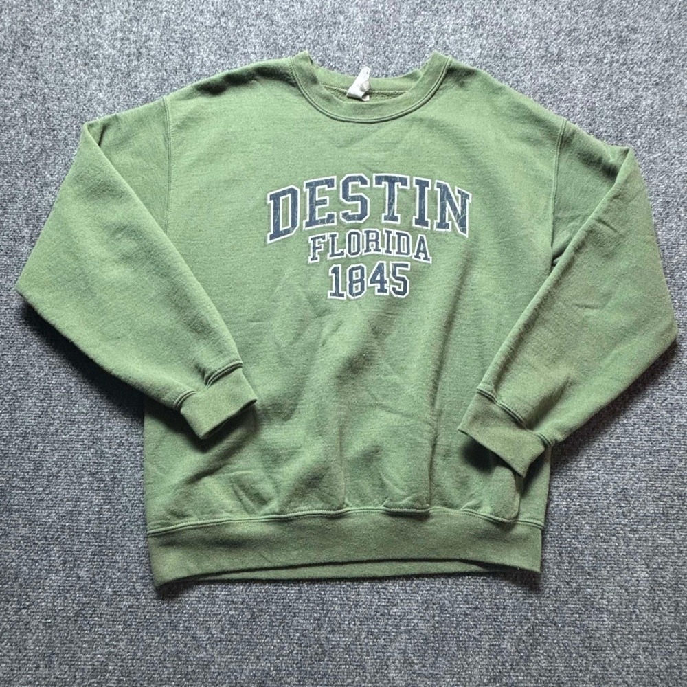 Destin Florida 1845 Gildan Sweatshirt Mens M Green Crewneck Heavy Cotton Blend